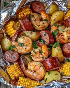 Shrimp, Corn, Potatoes, and Smoked Sausage Foil Pack